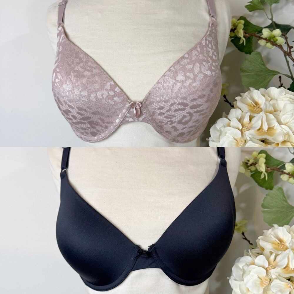 Maidenform 36D Underwire T-Shirt Bra Bundle Black & Blush Jacquard